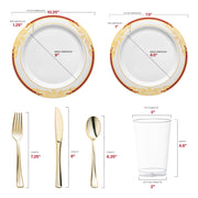 Recyclable and BPA-free, the White with Burgundy and Gold Harmony Rim Plastic Wedding Set is safe and eco-friendly
