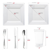 Recyclable plastic and BPA-free materials make the White with Silver Square Edge Rim Plastic Wedding Value Set a safe and sustainable option for elegant gatherings