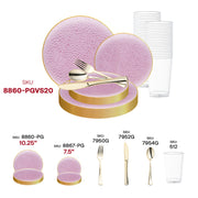 Refined and festive reception table using the Clear Pink with Gold Rim Hammered Glass Wedding Dinnerware