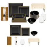 Resolutions Set arranged with black and gold tableware for an upscale New Year's Eve celebration.