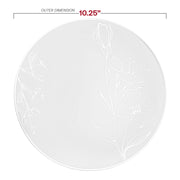Round 10.25-inch white dinner plates with intricate silver antique floral detailing