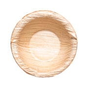 Round palm leaf mini disposable dip bowls, 2.5" in diameter, 0.5 oz capacity, eco-friendly and biodegradable, 100 bowls per case.