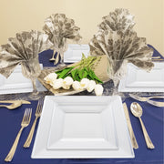 SKU 519SVS20 displayed with labeled pieces: appetizer and dinner plates, forks, knives, spoons, and cups from the White with Silver Square Edge Rim Plastic Wedding Value Set