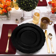 SKU 860BVS20 showing labeled components: appetizer and dinner plates, forks, knives, spoons, and cups from the Black Vintage Rim Round Disposable Plastic Wedding Value Set