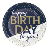 Happy Birthday Navy & Gold Milestone Round Disposable Paper Dessert Plates (7")
