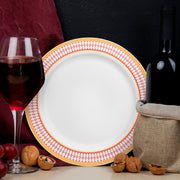 Seen at luxury white with red and gold chord rim plastic dinner plates (10.25")