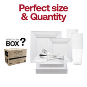 Set includes 9.5-inch dinner plates, 6.5-inch appetizer plates, 7.25-inch forks, 8-inch knives, 6.25-inch spoons, and 4.5-inch cups—components of the White with Silver Square Edge Rim Plastic Wedding Value Set