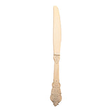 Shiny Baroque gold plastic knives with an ornate handle design, 7.8 inches long, perfect for upscale dining; case of 600