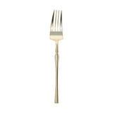 Shiny gold Moderno disposable plastic dessert forks, 7 inches long, with a sleek contemporary design; case of 240