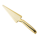 Shiny gold disposable plastic cake cutter and lifter, 9.7 inches long, perfect for elegant dessert presentation and serving