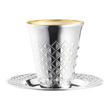 Shiny metallic aluminum silver round plastic Kiddush cup and saucer set, stylish and disposable