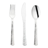 Shiny metallic silver hammered plastic cutlery set, ranging from 6.75” to 7.75”, perfect for upscale dining experiences