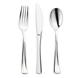 Shiny metallic silver plastic cutlery combo set for 120 guests, including forks, knives, and spoons with a sleek finish