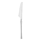 Shiny silver Moderno disposable plastic dinner knives, 8.8 inches long, sleek and durable, sold in a case of 300.