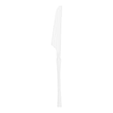 Shiny white Moderno disposable plastic dinner knives, 8.8 inches long, with a sleek and contemporary design; case of 240