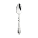 Silver Baroque disposable plastic dinner spoons, 8.25 inches long, available in a bulk case of 240