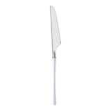 Silver Moderno disposable plastic dinner knives with white handles, 240-count case, measuring 8.8", perfect for events.