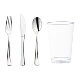 Silver disposable set includes forks, knives, spoons, and cups for elegant table settings