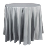 Silver round plastic tablecloth, 84-inch diameter, disposable and ideal for parties, events, or catering, case of 96.