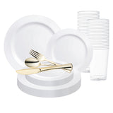 Solid White Economy Round Disposable Plastic Wedding Value Set, crafted for an elegant yet budget-friendly table setting with a timeless white finish