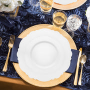 Solid White Round Blossom Disposable Plastic Wedding Value Set, SKU 4840WH-VS20, includes 10" dinner plates, 7.5" appetizer plates, 7.25" forks, 8" knives, 6.25" spoons, and 4.5" cups