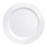 Solid white round disposable plastic appetizer plates, 7.5-inch diameter, economy design