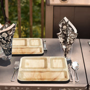 Square 3-compartment dinner plates displayed with colorful meals at a casual outdoor event or gathering.