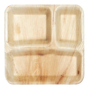 Square palm leaf 3-partition eco-friendly disposable dinner plates, 10-inch diameter, natural finish