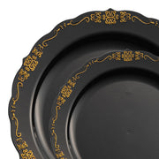 Stylish Black with Gold Vintage Rim Disposable Plastic Dinnerware Set, perfect for adding a touch of elegance to your dining table