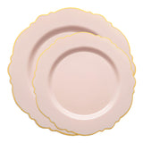 Stylish pink and gold disposable dinnerware featuring blossom-rimmed plates, perfect for bridal showers, baby showers, and upscale parties