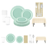 Sweet Pea Baby Shower Tableware Set with turquoise vintage plates and silver moderno cutlery arranged on table.
