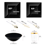 The Black Square Disposable Plastic Tableware Set includes 9.5-inch dinner plates, 6.5-inch appetizer plates, utensils, and 4.5-inch cups