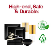 The Black Square Disposable Plastic Tableware Set provides impeccably sized pieces perfect for upscale receptions and lavish events