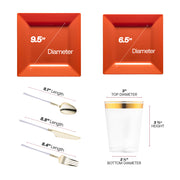 The Burnt Orange Square Disposable Plastic Tableware Set includes 9.5-inch dinner plates, 6.5-inch appetizers, utensils, and 4.5-inch cups