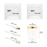 The Clear Square Disposable Plastic Tableware Set features 9.5-inch dinner plates, 6.5-inch appetizer plates, golden utensils, and 4.5-inch cups
