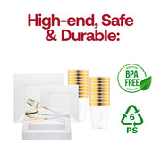 The Clear Square Disposable Plastic Tableware Set offers perfectly balanced proportions for elegant receptions and lavish affairs