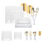 The Clear Square Disposable Plastic Tableware Set with gold and white-handled cutlery brings radiant elegance to distinguished celebrations