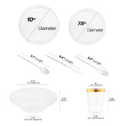 The Clear Vintage Disposable Tableware Set includes 10” dinner plates, 7.5” appetizers, silver cutlery, bowls, and 3.75” cups