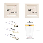 The Ivory Square Disposable Plastic Tableware Set includes 9.5-inch dinner plates, 6.5-inch appetizers, elegant utensils, and 4.5-inch cups