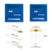 The Midnight Blue Square Disposable Plastic Tableware Set includes 9.5-inch dinner plates, 6.5-inch appetizers, utensils, and 4.5-inch cups