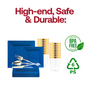 The Midnight Blue Square Disposable Plastic Tableware Set offers ideal sizing and perfect portions for luxurious festive occasions