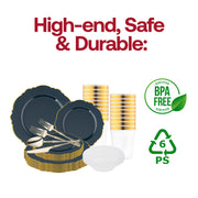 The Navy with Gold Blossom Rim Disposable Plastic Tableware Set offers ideal proportions for sophisticated and grand gatherings