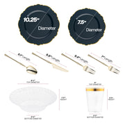 The Navy with Gold Blossom Rim Disposable Tableware Set includes 10.25-inch dinner plates, 7.5-inch appetizers, forks, knives, spoons, 3.75-inch cups, and 7-inch bowls