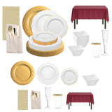 The To Have And To Hold Package arranged with gold chargers, white dinner plates, and burgundy tablecloths for an elegant wedding.