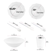 The White with Silver Blossom Rim Disposable Tableware Set includes 10.25-inch dinner plates, 7.5-inch appetizers, silver utensils, and 3.75-inch cups