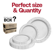 This 10.25-inch round dinner plate features a timeless white base accented by a silver hammered rim—ideal for showcasing entrées with contemporary elegance