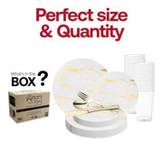 This White with Gold Marble Stroke Round Disposable Plastic Wedding Value Set includes 10.25" dinner plates, 7.5" appetizer plates, 7.25" forks, 8" knives, 6.25" spoons, and 4.5" cups, offering a complete set for your gathering