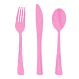 This all-in-one pink set includes everything needed for colorful disposable dining
