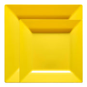 This bold yellow dinnerware set features square plates, perfect for bringing color and style to any event.