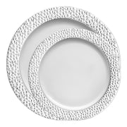 This disposable dinnerware set combines classic white with a silver hammered rim, perfect for adding a touch of luxury to your table